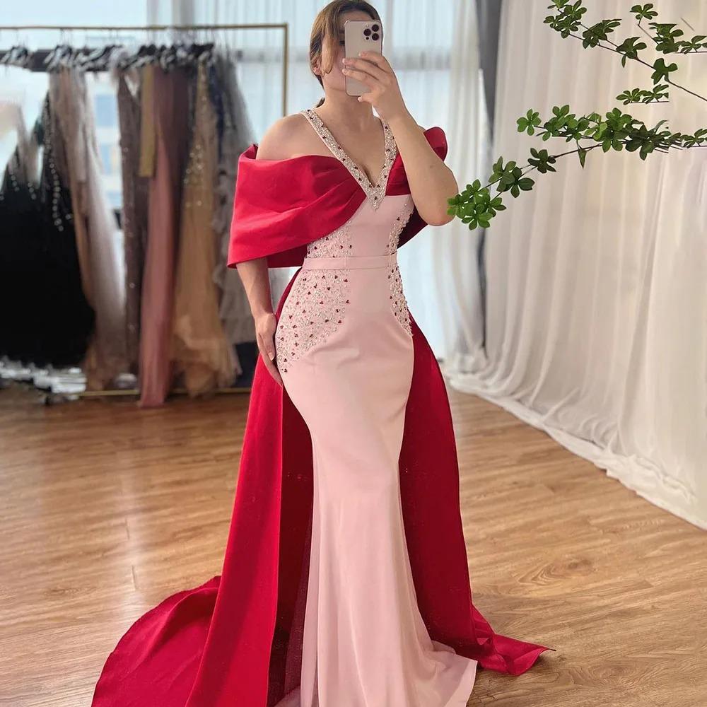 Pink satin beaded sexy suspender premium texture fishtail banquet host evening dress LA11111
