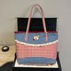 Lattice Lace Bow Shoulder Bag Rural Style Commuting Tote Bag Retro Denim Plaid Handbag  Students