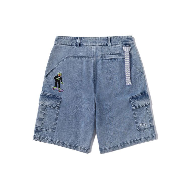 Li Ning X Disney Muppets Collection Logo Print Washed Denim Shorts Men Shorts Blue AJSR007-1