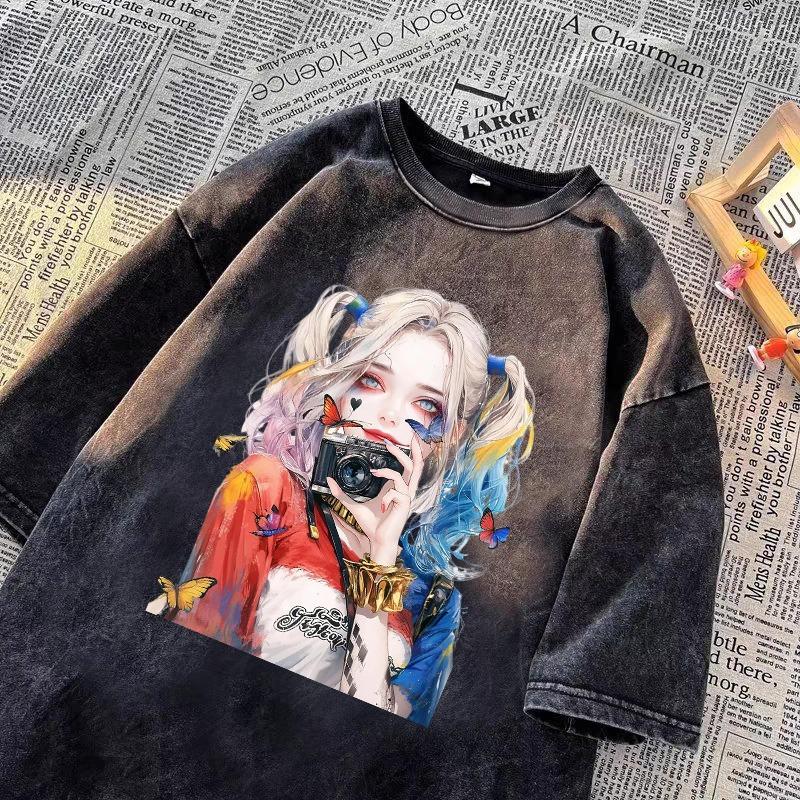 Pure Cotton Clown Print Cropped Sleeve T-shirt Men and Women's New Loose High Street Summer Couple