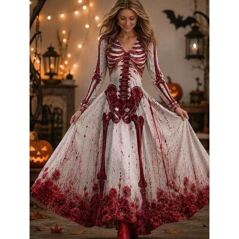 2026 Halloween Womens V-Neck Long Sleeve Maxi Dress With Ghost Pumpkin Witch Print High-Waist Loose Fit Party Gown