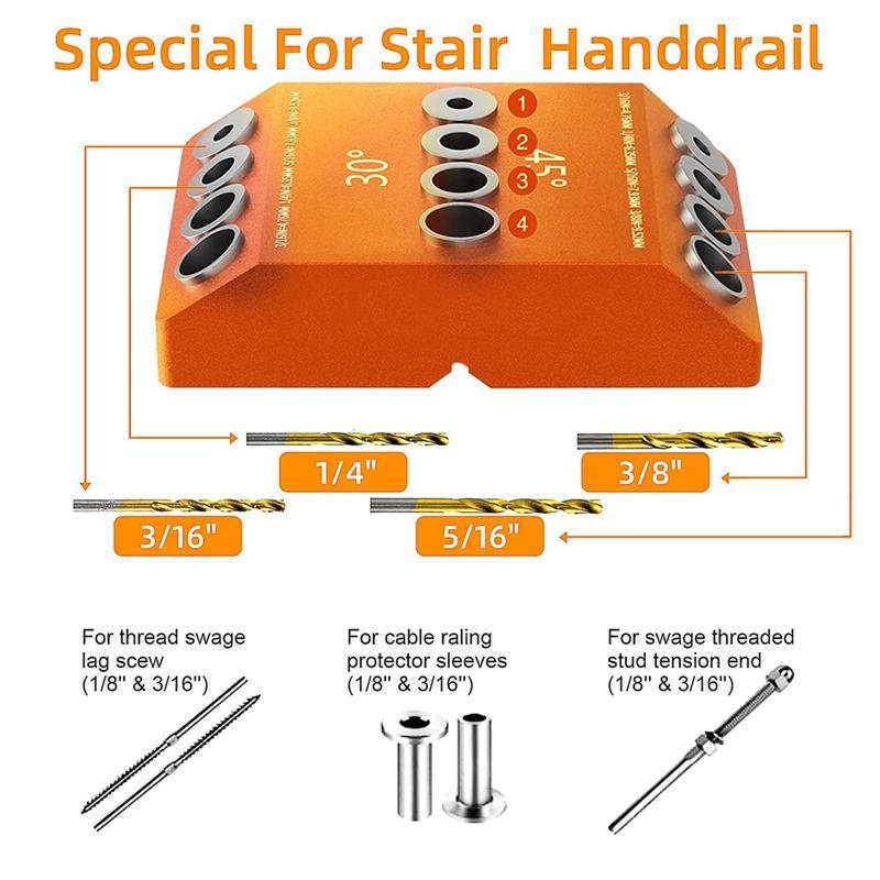 ABUL-Drill Guide 30 45 90 Degree Angle 4 Size Drill Hole Lag Screw Drill Template Jig For DIY Wood Crafts Stair Wire Handrail Du