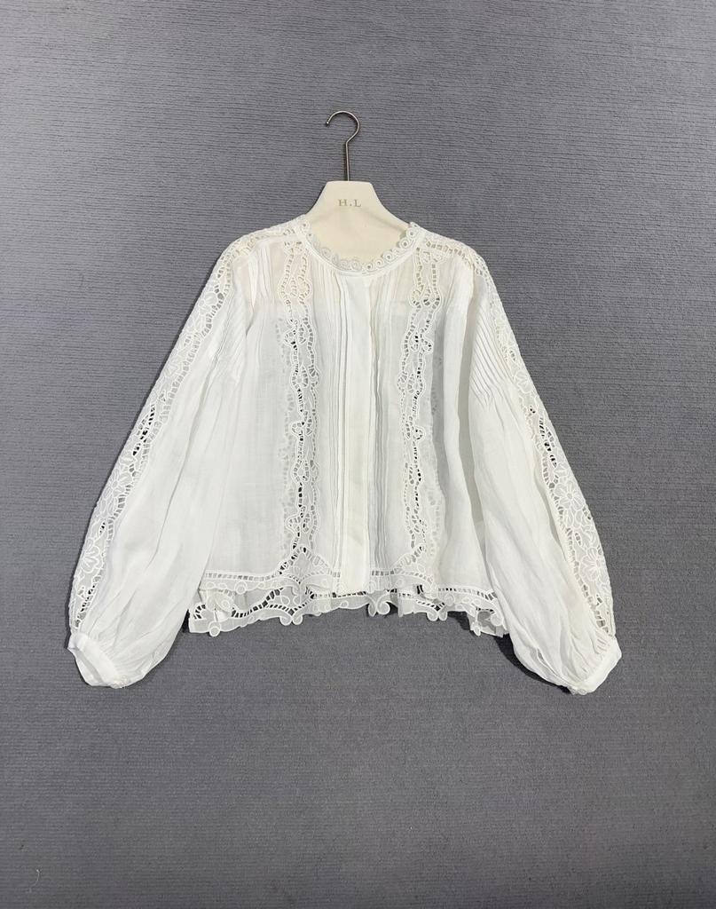2026 Spring French White Lace Shirt with Loose Lantern Sleeves and Hollow Embroidery