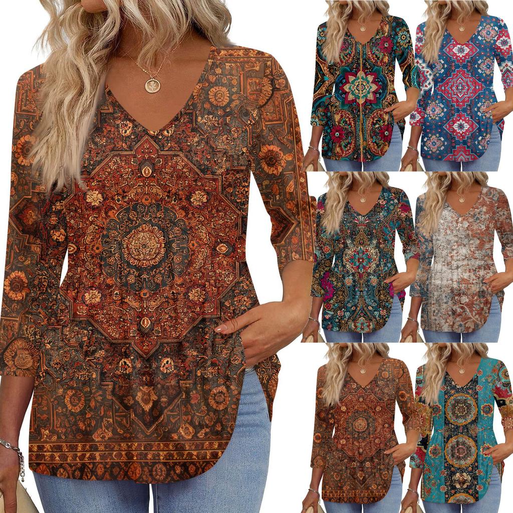 Women's T Shirt Print 3/4 Sleeve Fashion Basic V- Neck Regular Top