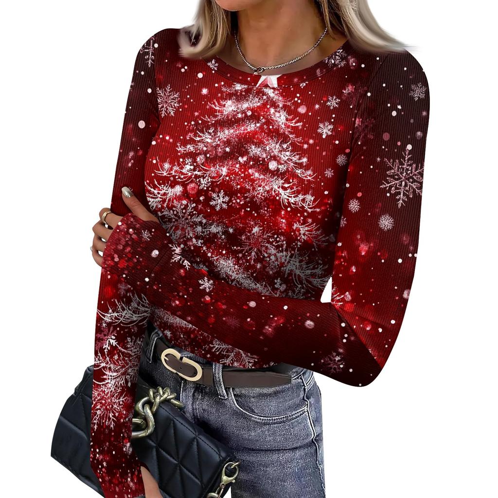 Women's Slim Fit Base Layer T-Shirt, Christmas Print Crewneck Long Sleeve Top with Thumb Holes