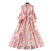 Fashion Fashionable Retro Stand Collar Lantern Long Sleeves Single Breasted Print Dress Female Waist Trimming Lace up Long Formal Dress