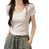 White Crew Neck Tights Women's Summer Popular Super Versatile Front Shoulder Short Skinny Elastic Short Sleeve T-Shirt ins