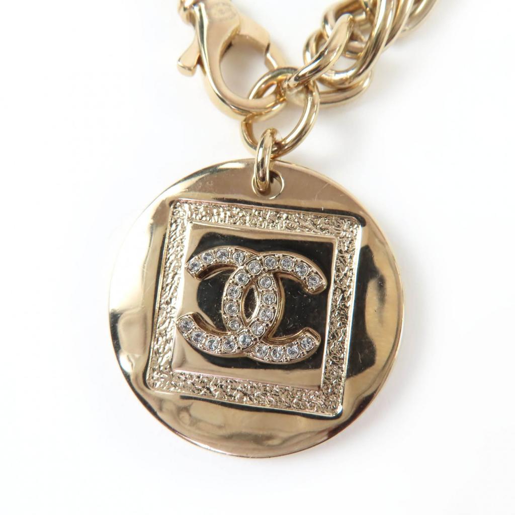 Great CHANEL Necklace COCO Mark Rhinestone Coin gold metal Women B23P Used