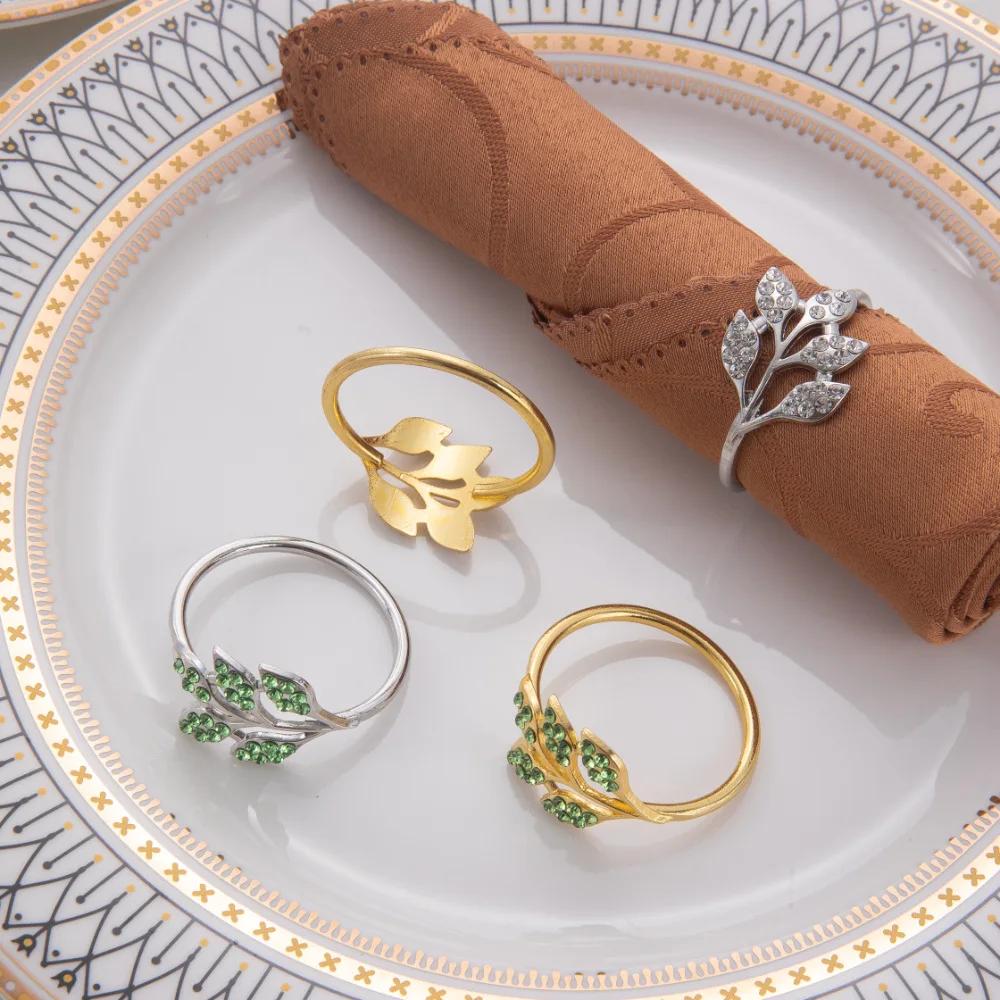 6-48PC Point Diamond Napkin Ring New Napkin Buckle Green Leaves Napkin Ring High-grade Metal Ring Hotel Table Banquet Decoration