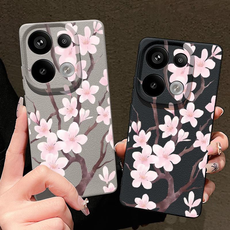 Hand-drawn Style Sakura Pattern Case For Xiaomi 14T 13T 11T Pro Funda Redmi Note 14 13 Pro 5G 12 11 Leather Texture Silicone Cover