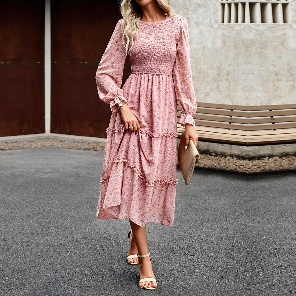 Dámské podzimní elegantní dlouhé potištěné šaty s lucernou s rukávem a vysokým pasem