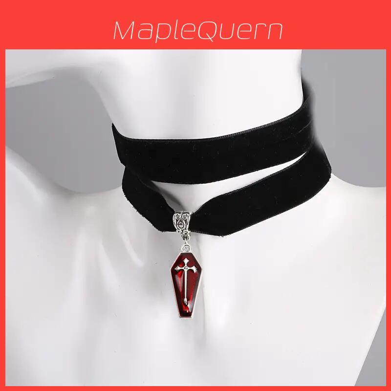Gothic Style Vintage Velvet Coffin Cross Pendant With Cherry Elements For Halloween Decor