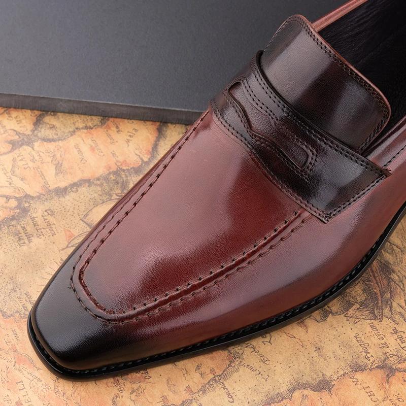 Fashion Wholesales Leather Casual Men Shoes Genuine Cowhide Slip On Fashion Luxury Handmade Business Formal Dress Office Shoe Wine Red