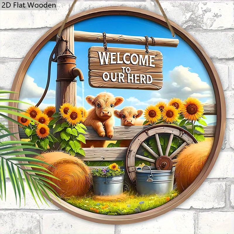 Wooden Welcome Sign with Highland Cattle & Sunflowers Design - Rustic Decorative Plaque for Farmhouse, Front Door Decor - Ideal gift for Family