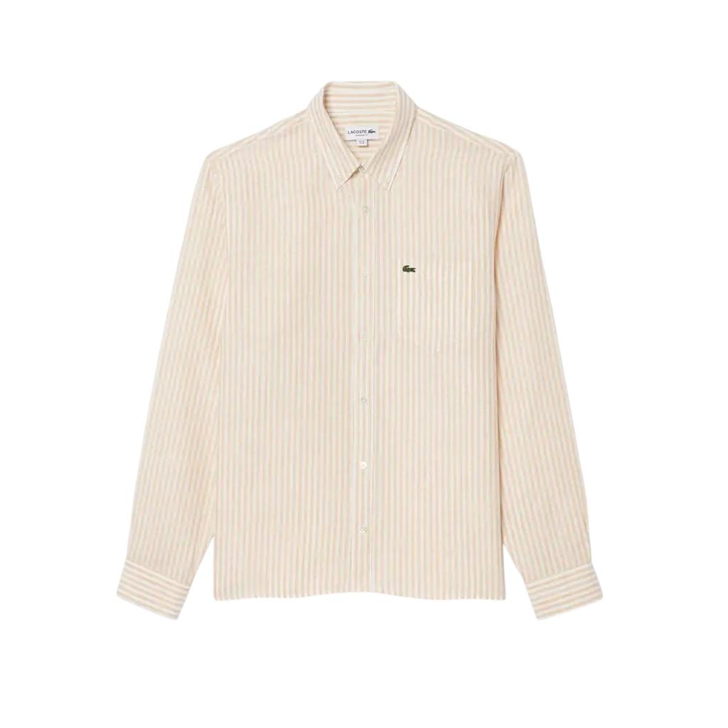 Lacoste Mens Striped Linen Regular Button-Down Shirt