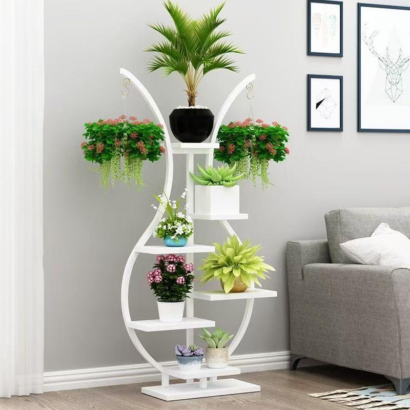 Multi-Layer Indoor Balcony Flower Stand, Wrought Iron Round Table Display Shelf for Hanging Pothos and Orchids.
