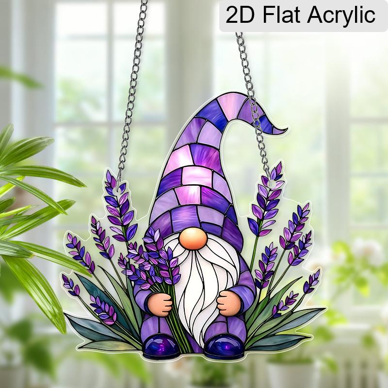 Acrylic Lavender Gnome Suncatcher, Stained Glass Effect Window Hanging Ornament for Whimsical & Floral Lover Gifts