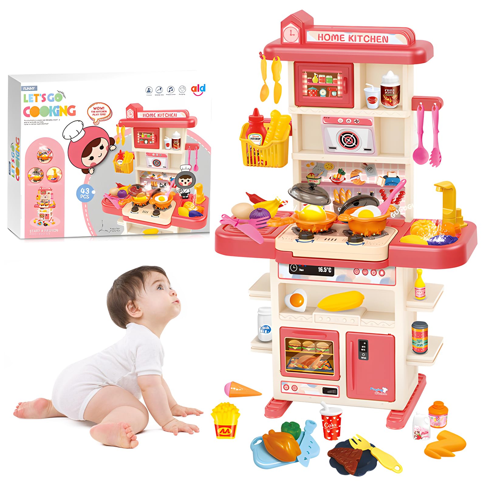 

SOONALL Play Kitchen Set Toy ABS Real Spray Real Cooking Sounds Music Box 43 Piece Set Indoor Steam Rotten Play Spray Cooking Utensil Kitchen