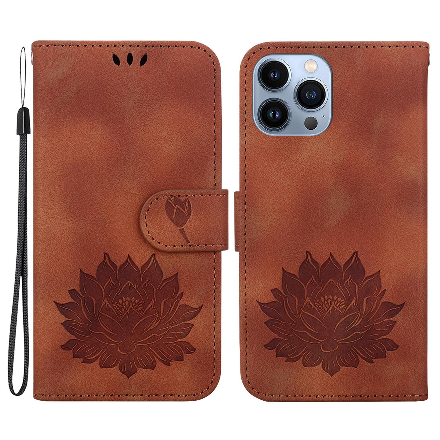 

For iPhone 14 Pro Max Case with Hand Strap PU Leather Wallet Cover Lotus Imprinted Brown