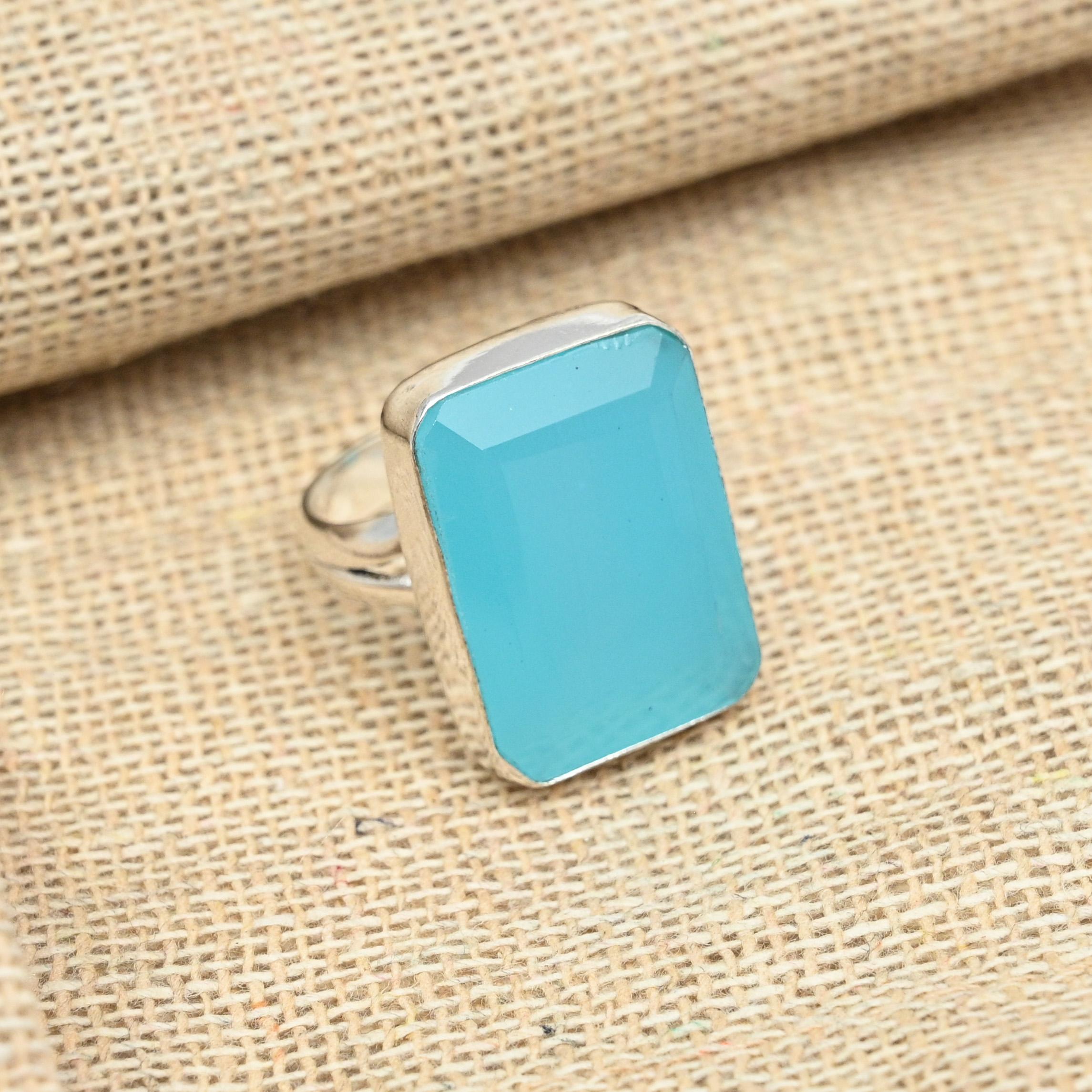 

Граненый синий халцедон стерлингового серебра 925 пробы ювелирные изделия ручной работы привлекательное подарочное кольцо 9.5 синий