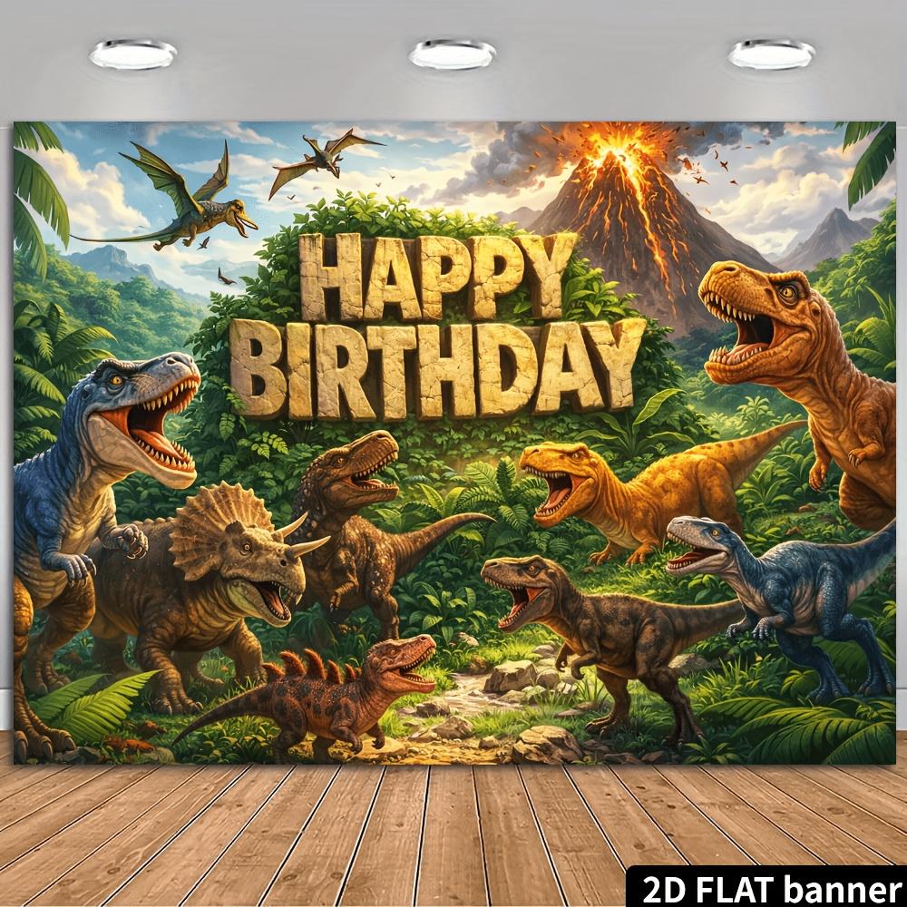 2D Dinosaur Themed Birthday Party Banner Background Jurassic Jungle Volcano Scene