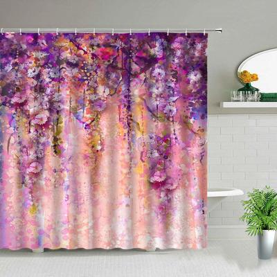 Flowers Plant Shower Curtains Beautiful Flower Purple Bathroom Decor Bathroom Screen Polyester Frabic Waterproof Cloth Curtains