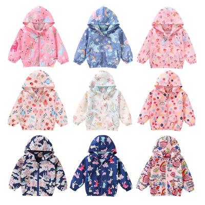 2-10 Years Kids Girls Printed Hooded Coat Thin Zipper Jacket