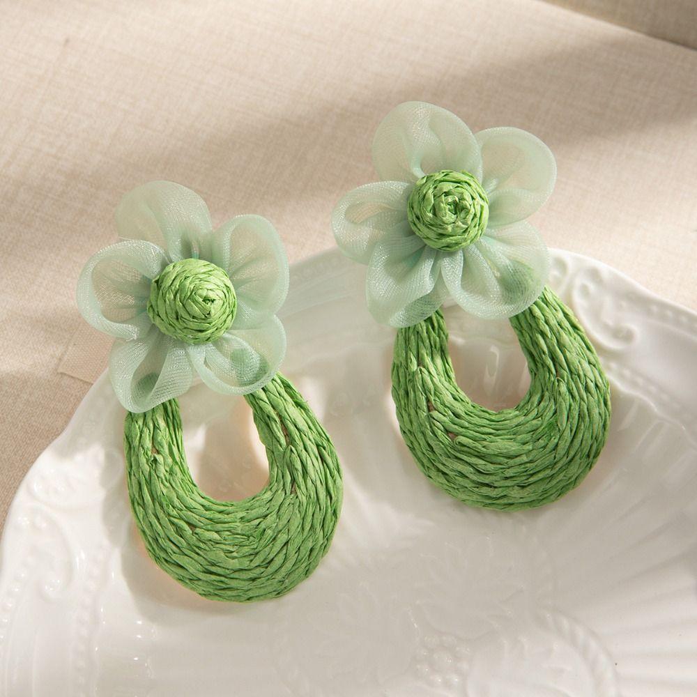 U-shaped Mesh Flower Earrings Sweet Beach Drop Earrings Korean Style Straw Weave Earrings  Party