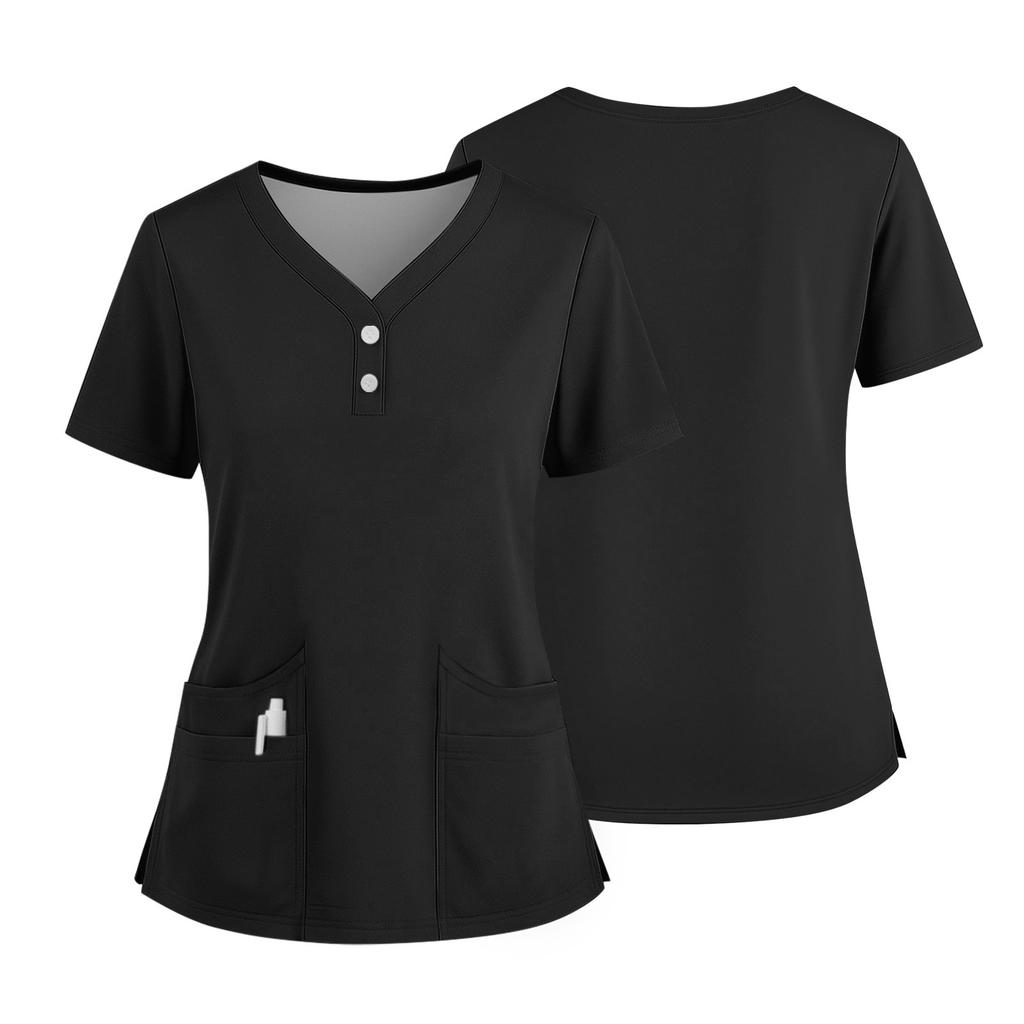 Women's Short Sleeved Solid Color V-neck Buttonable Side Slit Top T-shirt