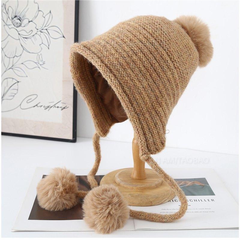 Korean Hairball Strap Solid Color Double-Layer Knitted Bomber Hat Women Simple Casual Versatile Cute Wool Pompom Beanie Cap