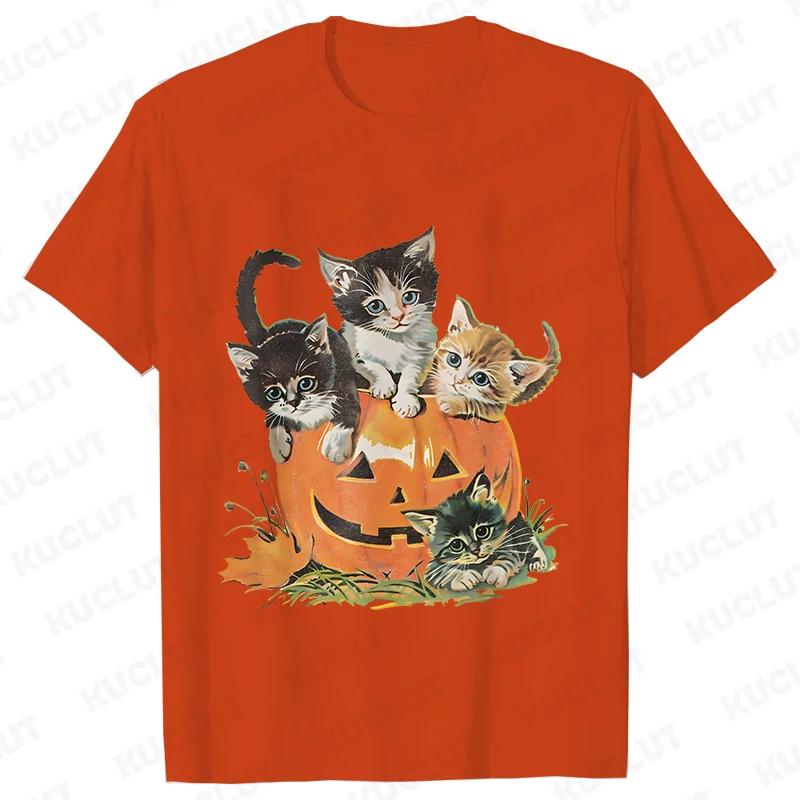 Fashion Halloween Party Tee Shirt Women Clothing Harajuku Designer Cat Pumpkin Halloween Graphic Y2k Tops Short Sleeve Tshirt