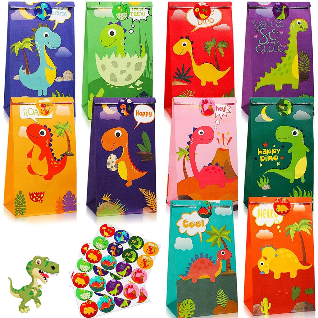 30Pcs Dinosaur Party Bags Thicken Paper Dinosaur Gift Bags Recyclable Odorless Candy Bags with 36 Stickers for Party Birthday