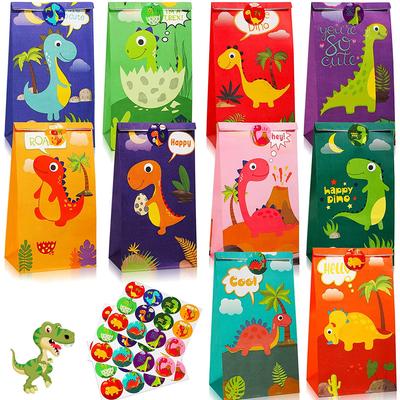 30 Sacs de Fête Dinosaure Papier Épais Sacs Cadeaux Dinosaure Recyclables Sans Odeur Sacs à Bonbons avec 36 Autocollants pour Fête Anniversaire