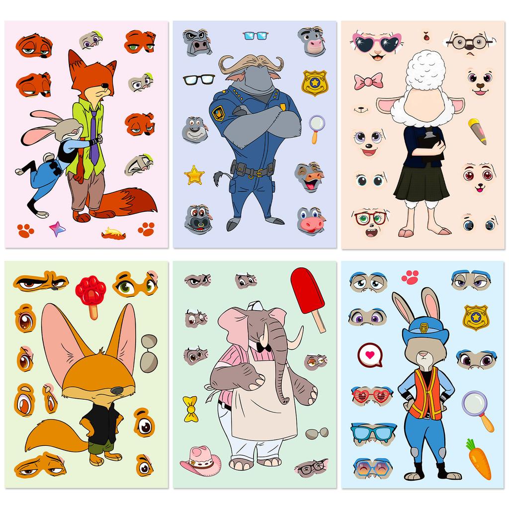 Hot Cartoon Crazy Animal Rabbit Officer Face Swap Stickers 6 Pieces/Package Children'S Anime Surrounding Diy Costume Stickers