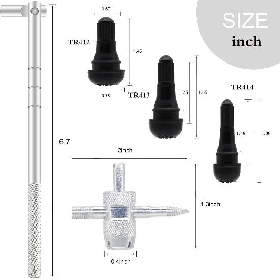 Valve Stem Puller Taller Tool, 5Pcs TR412, 5Pcs TR413, 5Pcs TR414 Tire Snap In Short Rubber Valve Stem, 4 Way Valve Core Remover, Single Head Tire