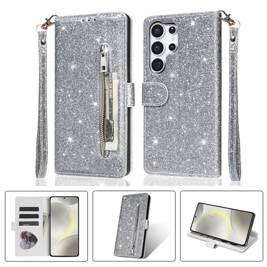 Zipper Cute Glittering Wallet Cards Solt Phone Case For Samsung S26 Ultra S25 Plus S24 S23 A36 A56 Flip Strong Magnetic Cover