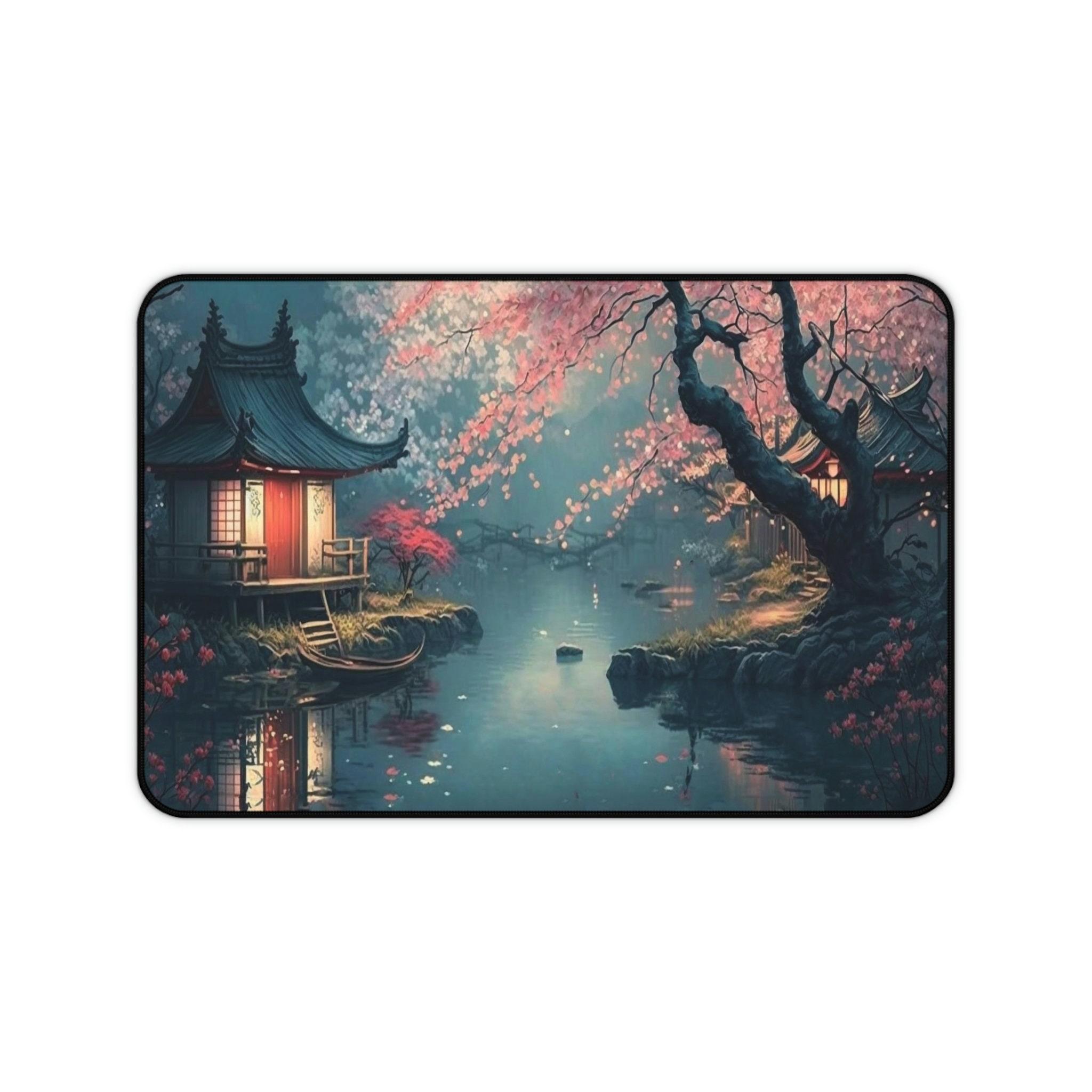 Dreamy Cherry Blossom Garden Mouse Pads Japanese Garden Mouse Pad Cherry Blossom Koi Pond Table Mat Beautifully Cute Mousepad 400X800X2mm