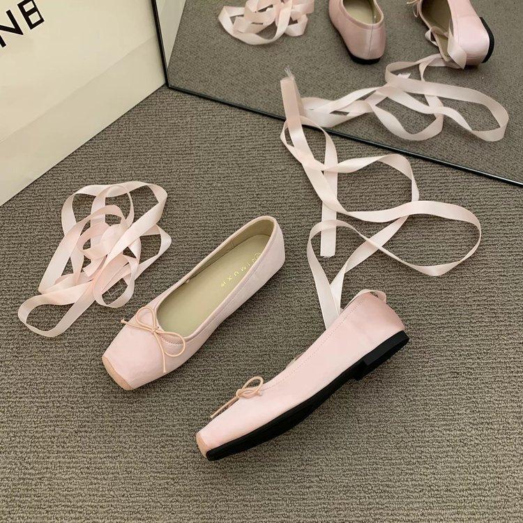 Fairy style shoes evening shoes 2024 early spring new pink Mary Jane women's shoes square head satin ballet shoes