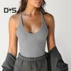 Women Summer Top Low Cut V Neck Sleeveless Elastic Knitted Soft Sweat Absorption Solid Color Slim Fit Sport Exercise Tank Top