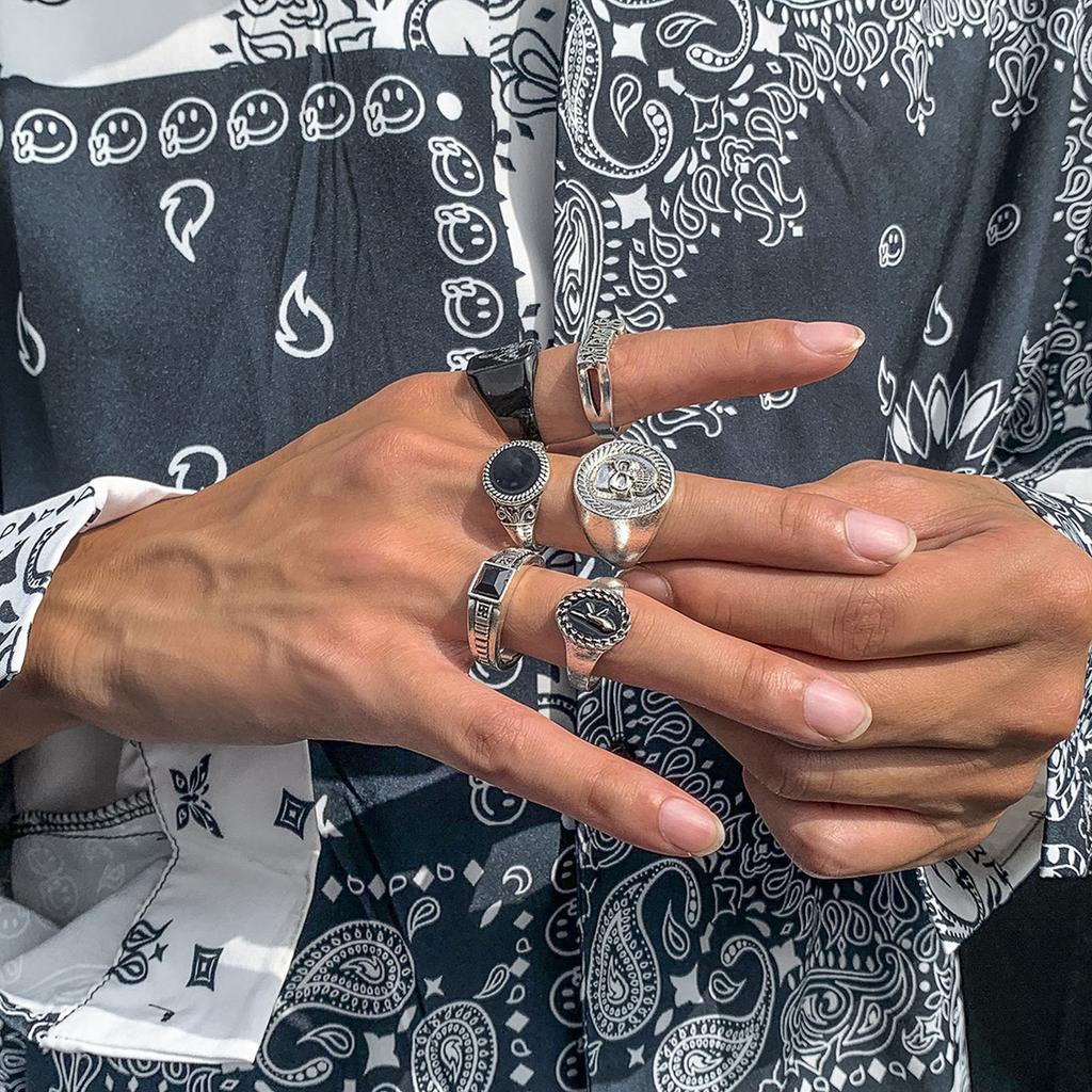 6Pcs Punk Silver Gold Color Chain Rings for Men Hip Hop Vintage Geometric Set Unisex Couple Emo Trend Jewelry Ring