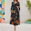 Women Plus Size Long Sleeve V Neck Butterfly Printed A Line Midi Dress With Pockets