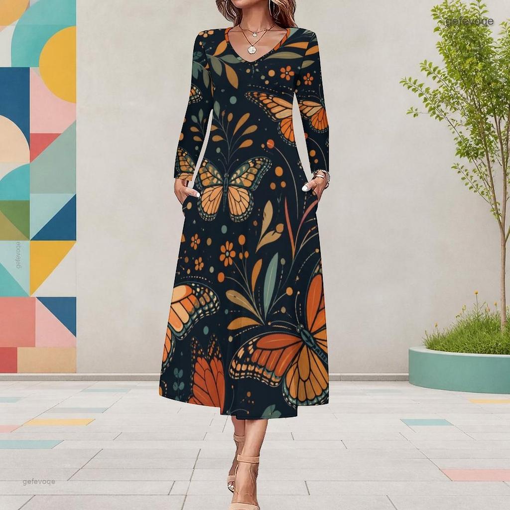 Women Plus Size Long Sleeve V Neck Butterfly Printed A Line Midi Dress With Pockets