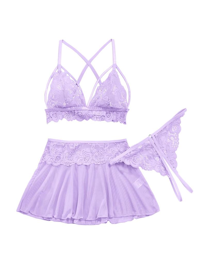 Sexy Mini Skirt with Thong Floral Lace Sheer Bralette Lingerie Set 3 Piece Otufits