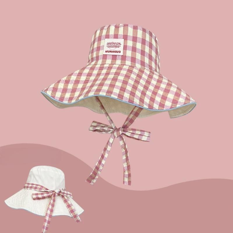 Women's Summer Korean Style Ins Plaid Lace-Up Bucket Hat Large Brim Reversible Sun Protection Outdoor Travel Sun Hat