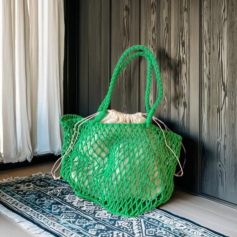 Hollow Cotton Rope Handwoven Fishnet Bag - Lazy Vintage Cotton Shoulder Tote for Beach Vacation