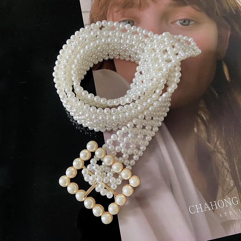 Жемчужный женский пояс Эластичная бисерная цепочка на талию Женский, Простой пояс с квадратной пряжкой, инкрустированный стразами, Модный 105cm