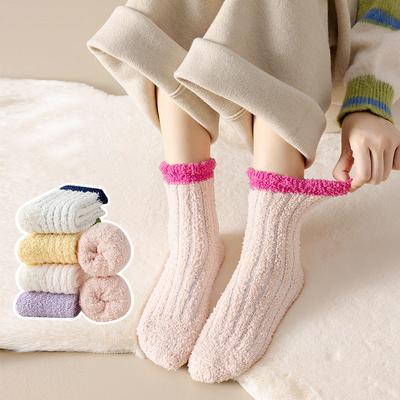 Herbst Winter Korallenfleece Mittellange Socken für Damen Warm Verdickt Haussocken Bodensocken Bonbonfarben Schlafsocken Damen Handtuchsocken