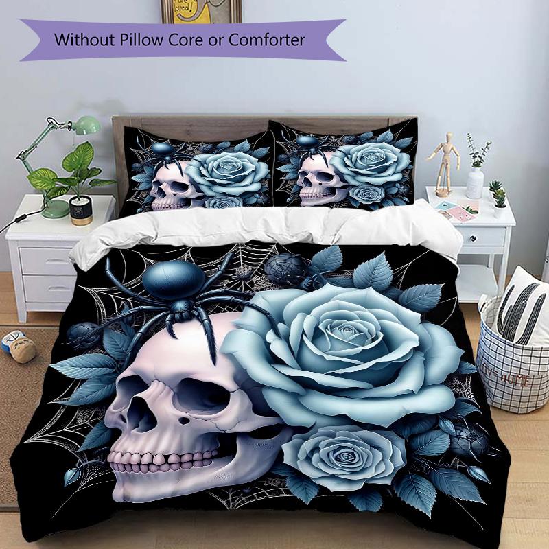 

3pcs Blue Rose and Spider Quilt Cover Set - Soft & Comfortable Polyester Fabric, All-Season Breathable Comforter Set For 1 Quilt Cover & 2 Pillow 135x200cm