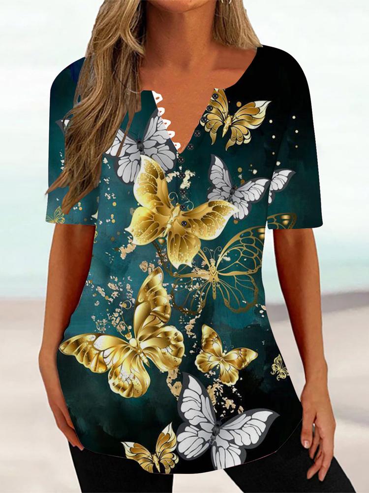 

Женская летняя футболка с цветочным принтом и V-образным вырезом, с короткими рукавами, женский винтажный топ средней длины, свободный топ, женская одежда XXL