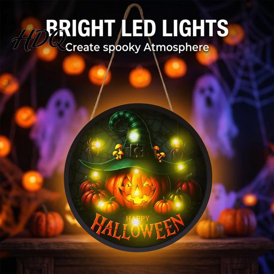 Halloween Holiday Decorations LED Glowing Hanging Decor Acrylic Window Ornament with Light Spooky Durable Signs Sign for Door Wall Haunted